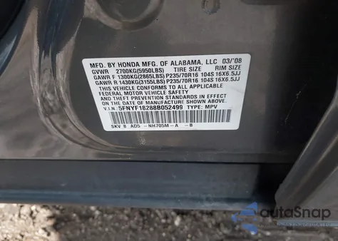 2008 Honda Pilot Vp from USA, damaged, VIN 5FNYF18288B052499